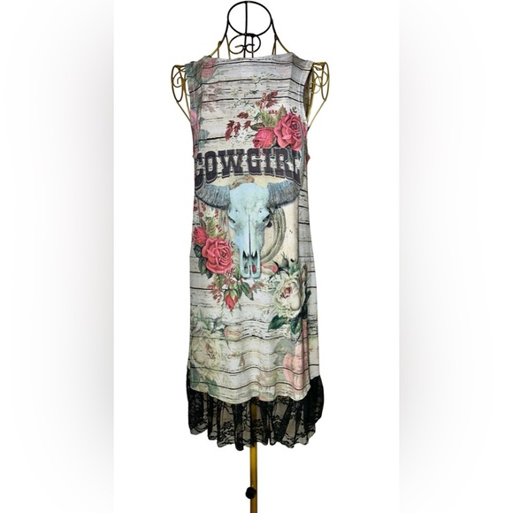 Liberty Wear Cowgirl Dress with Western Print, Sequins, & Lace Netted Hem Medium - Picture 5 of 15